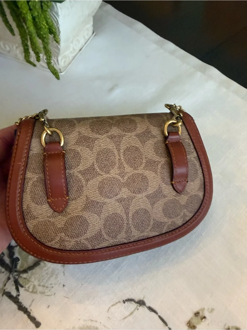 Coach Small Signature Crossbody in Tan and Brown with Gold Chain